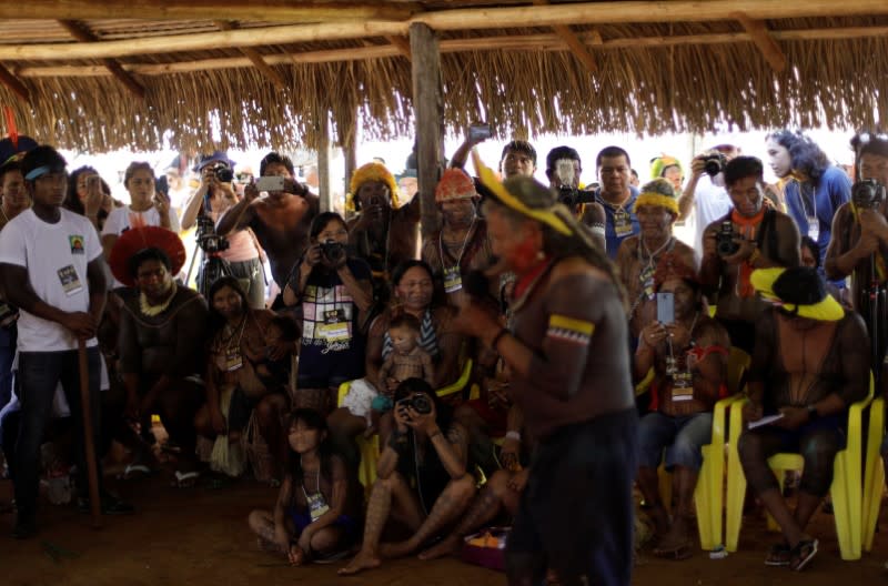 Indigenous leader Cacique Raoni of Kayapo tribe, talks during the opening of a four-day pow wow in Piaracu village, in Xingu Indigenous Park, near Sao Jose do Xingu, Mato Grosso state