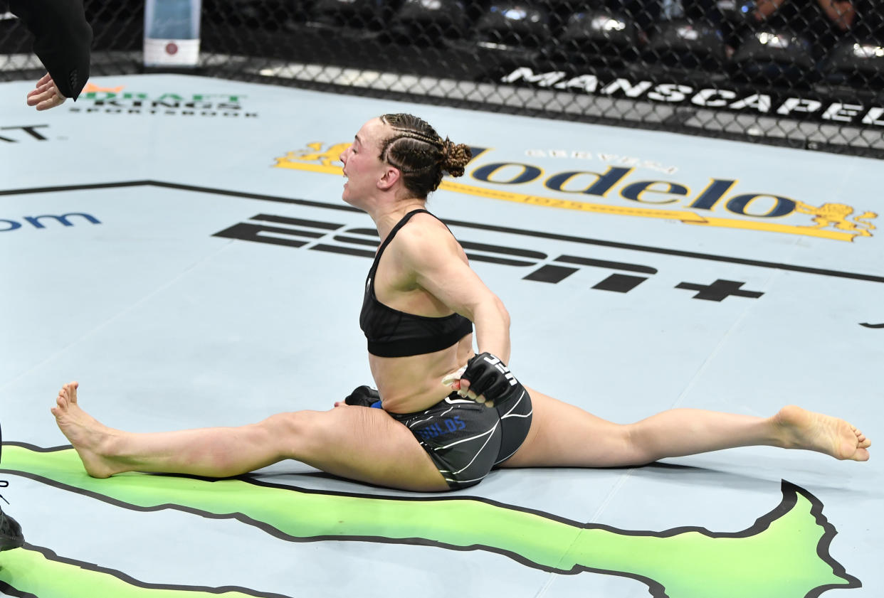 ANAHEIM, CALIFORNIA - JANUARY 22: Vanessa Demopoulos celebrates after her submission victory over Silvana Gomez Juarez of Argentina in their strawweight fight during the UFC 270 event at Honda Center on January 22, 2022 in Anaheim, California. (Photo by Chris Unger/Zuffa LLC)
