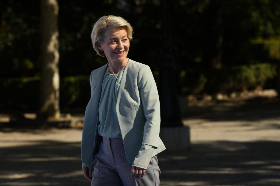 President of the European Commission, Ursula von der Leyen arrives at the Europe Summit in Granada, Spain, Thursday, Oct. 5, 2023. Some 50 European leaders are gathering in southern Spain's Granada on Thursday to stress that they stand by Ukraine, at a time when Western resolve appears somewhat weakened. Ukrainian President Volodymyr Zelenskyy will be there to hear it. (AP Photo/Manu Fernandez)