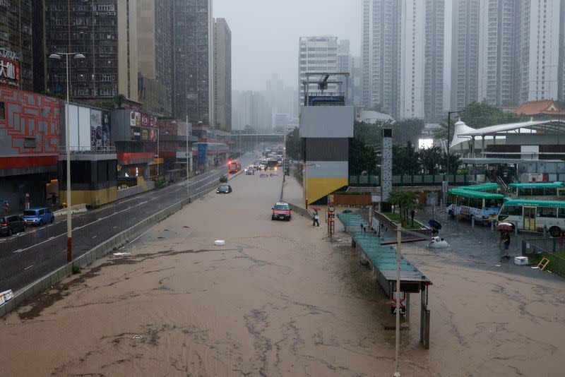 FILE PHOTO: A view of a flooded area after heavy rains in Hong Kong