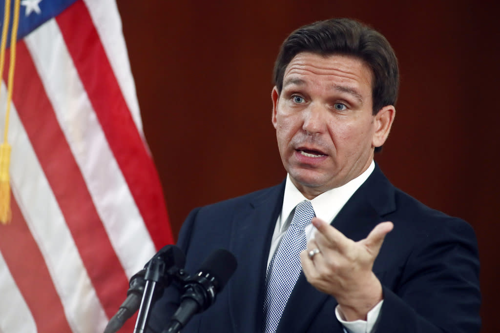 Florida Gov. Ron DeSantis answers questions from the media