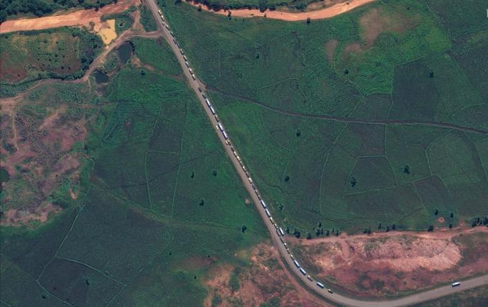 This satellite image provided by Maxar Technologies claims to show vehicles lined up near the town of Sheraro, in the Tigray region of northern Ethiopia Monday - Maxar Technologies/via AP