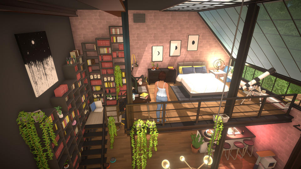 Paralives - a descorated loft library apartment with a person standing inside