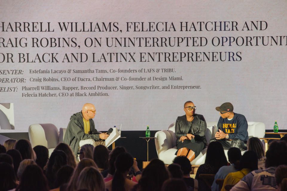 Pharrell Williams and Black Ambition CEO Felecia Hatcher speak at the Latin American Fashion Summit Tuesday March 15, 2022. - Credit: Latin American Fashion Summit