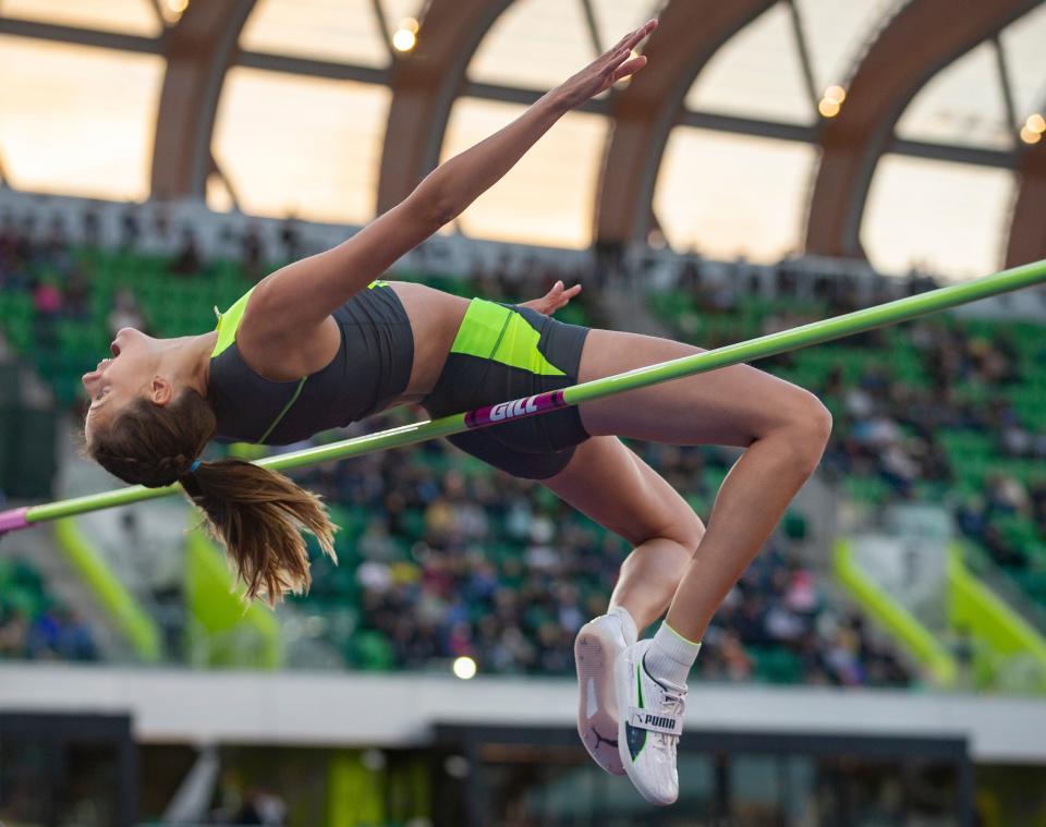 Ukraine's Yaroslava Mahuchikh clears the bar to win the women's high jump at the 2022 Prefontaine Classic Friday, May 27, 2022.