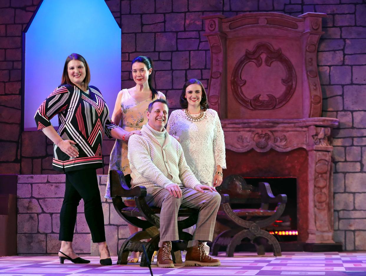 Local playwright Patrick Dukeman, center, poses with actresses Sarah Durham (from left), Kellie McIvor and Amanda Vigneault in the Weathervane Playhouse cast for his "Shakespeare's Ladies Book Club," premiering Thursday as part of 8x10: The Eileen Moushey Theatrefest.