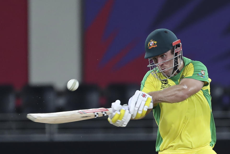 Australia's Mitchell Marsh bats during the Cricket Twenty20 World Cup final match between New Zealand and Australia in Dubai, UAE, Sunday, Nov. 14, 2021. (AP Photo/Aijaz Rahi)