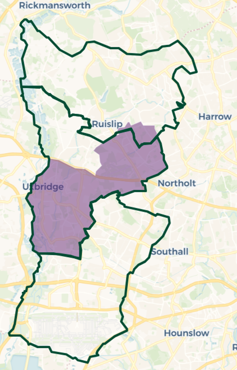 Uxbridge and South Ruislip constituency map: Purple shaded area old constituency boundary. Green outlines new constituency boundaries (© OpenStreetMap contributors | © CARTO)