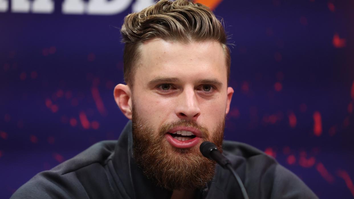 EBRUARY 5: Harrison Butker #7 of the Kansas City Chiefs speaks with the media during Super Bowl LVIII Opening Night at Allegiant Stadium on February 5, 2024 in Las Vegas, NV.