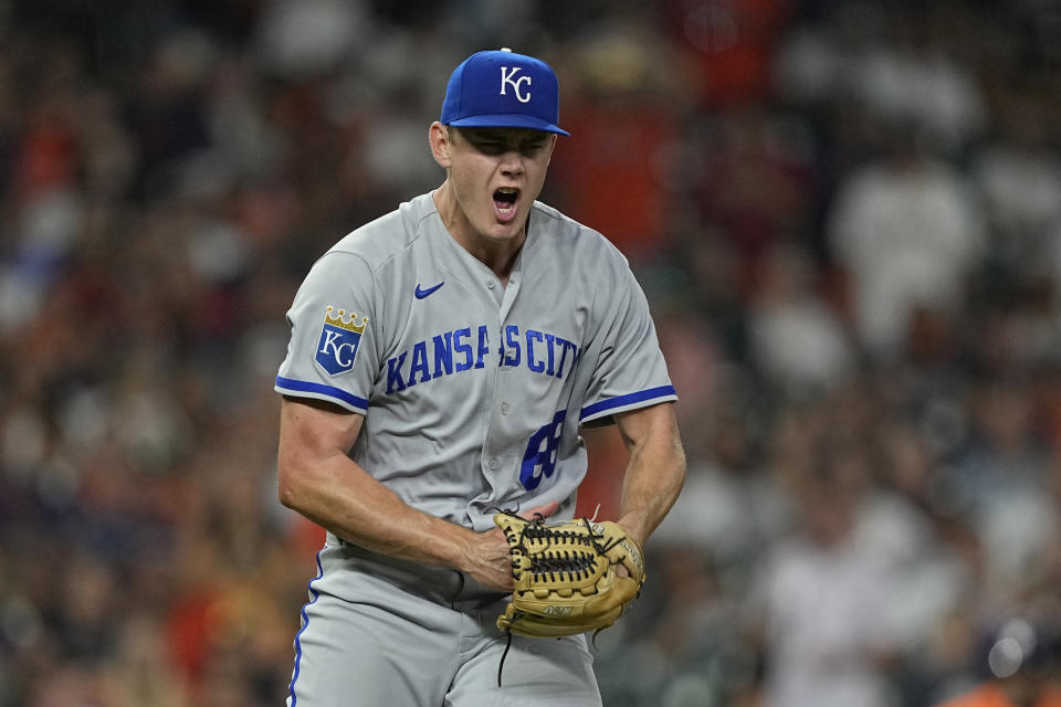 Kansas City Royals relief pitcher James McArthur reacts after striking out Houston Astros' Kyle Tucker in the ninth inning to end a baseball game Friday, Sept. 22, 2023, in Houston. The Royals won 7-5. (AP Photo/David J. Phillip)