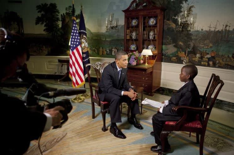 President Barack Obama is interviewed by Damon Weaver for the "Get Schooled Project" in the White House on Aug. 13, 2009.