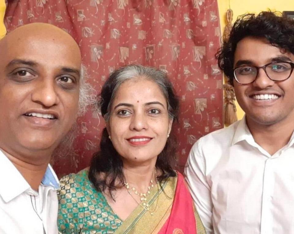From left to right, the family photo shows Chelmala Srinivasulu, Bhargavi and Aditya.
