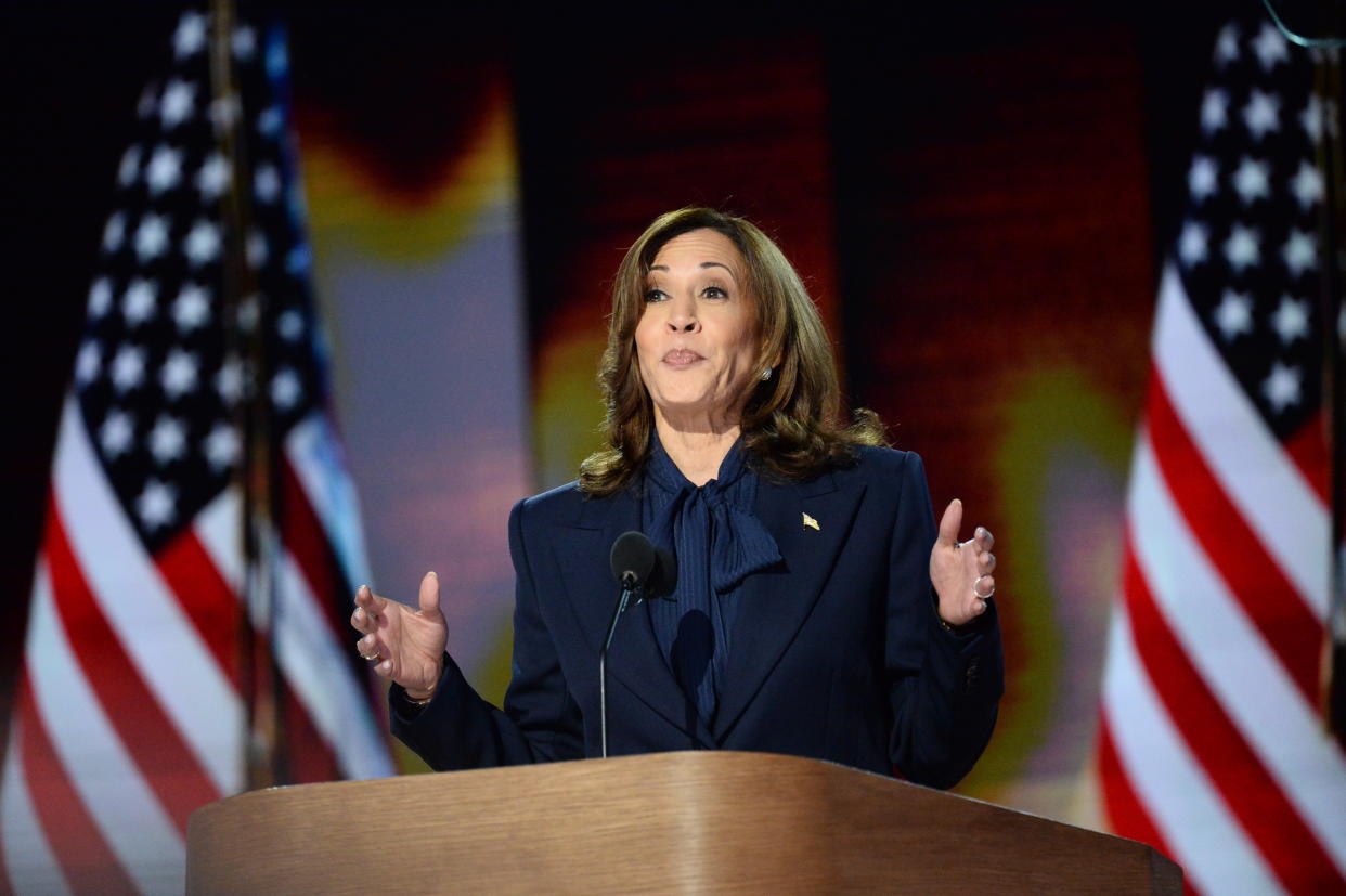 CHICAGO, ILLINOIS, UNITED STATES - AUGUST 22: US Vice President Kamala Harris attends the Democratic National Convention (DNC) at the United Center in Chicago, Illinois, United States on August 22, 2024. The DNC marks the ceremonial crowning of US Vice President Kamala Harris and Minnesota Governor Tim Walz as the party's presidential nominees. (Photo by Jacek Boczarski/Anadolu via Getty Images)