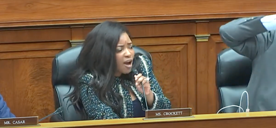 Representative Jasmine Crockett (D-Texas), pictured at a hearing of the House Oversight Committee on Thursday, called Marjorie Taylor Greene a ‘bleach blonde bad-built butch body’ (US House of Representatives/YouTube)
