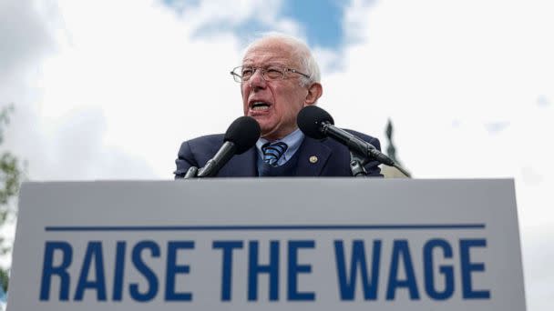 PHOTO: Sen. Bernie Sanders (I-VT) speaks at a press conference on raising the federal minimum wage outside the Capitol Building, May 04, 2023 in Washington, DC. (Anna Moneymaker/Getty Images)