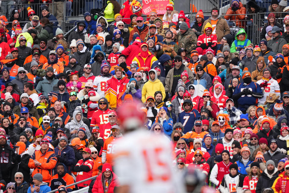 Oct 29, 2023; Denver, Colorado, USA; Fans of the Kansas City Chiefs and the Denver Broncos cheer in the first half at Empower Field at Mile High. Mandatory Credit: Ron Chenoy-USA TODAY Sports