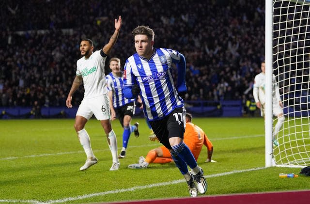 Sheffield Wednesday’s Josh Windass celebrates his first goal against Newcastle