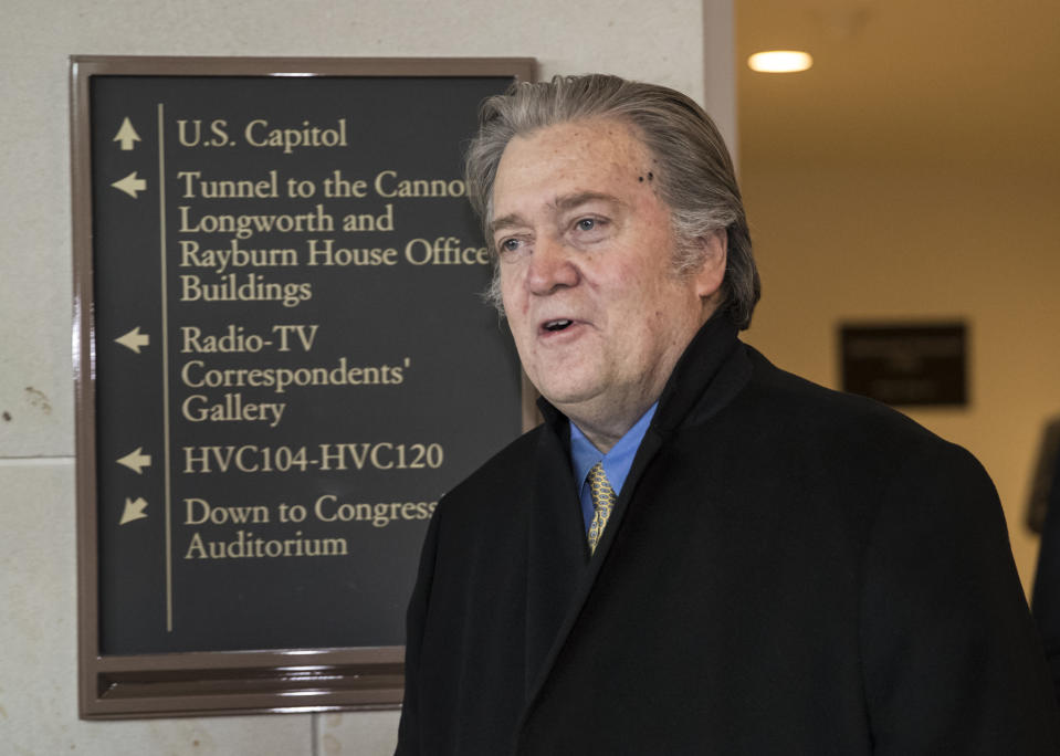 In this Feb. 15, 2018, file photo, Steve Bannon, President Donald Trump's former chief strategist, arrives for questioning by the House Intelligence Committee as part of its ongoing investigation into meddling in the U.S. elections by Russia, at the Capitol in Washington. (AP Photo/J. Scott Applewhite, File)