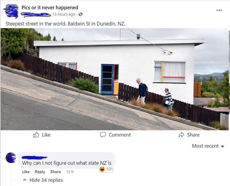 Photo of Baldwin Street in Dunedin, NZ, known as the steepest street, with two people walking