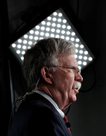 White House national security adviser John Bolton speaks in front of a TV camera at the White House in Washington, U.S., May 1, 2019. REUTERS/Kevin Lamarque