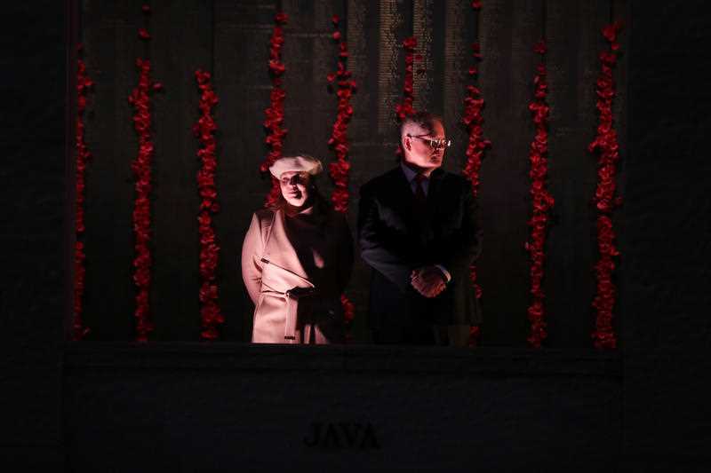 Prime Minister Scott Morrison and Jenny Morrison during the Anzac Day commemorative service at the Australian War Memorial in Canberra.