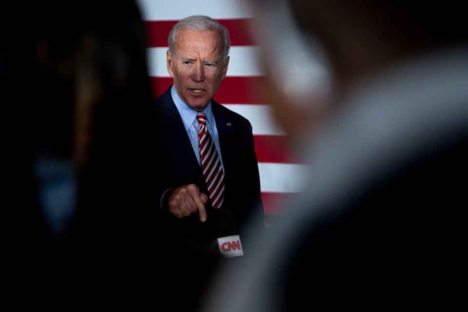 Former Vice President Joe Biden answers questions from the press after giving remarks during a campaign event on Wednesday, Oct. 23, 2019, in West Point. 