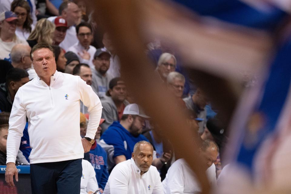 Kansas coach Bill Self reacts to a play during the first half of a game earlier this season against Kansas State inside Allen Fieldhouse. Self's 2023 recruiting class is now set to include Marcus Adams Jr.