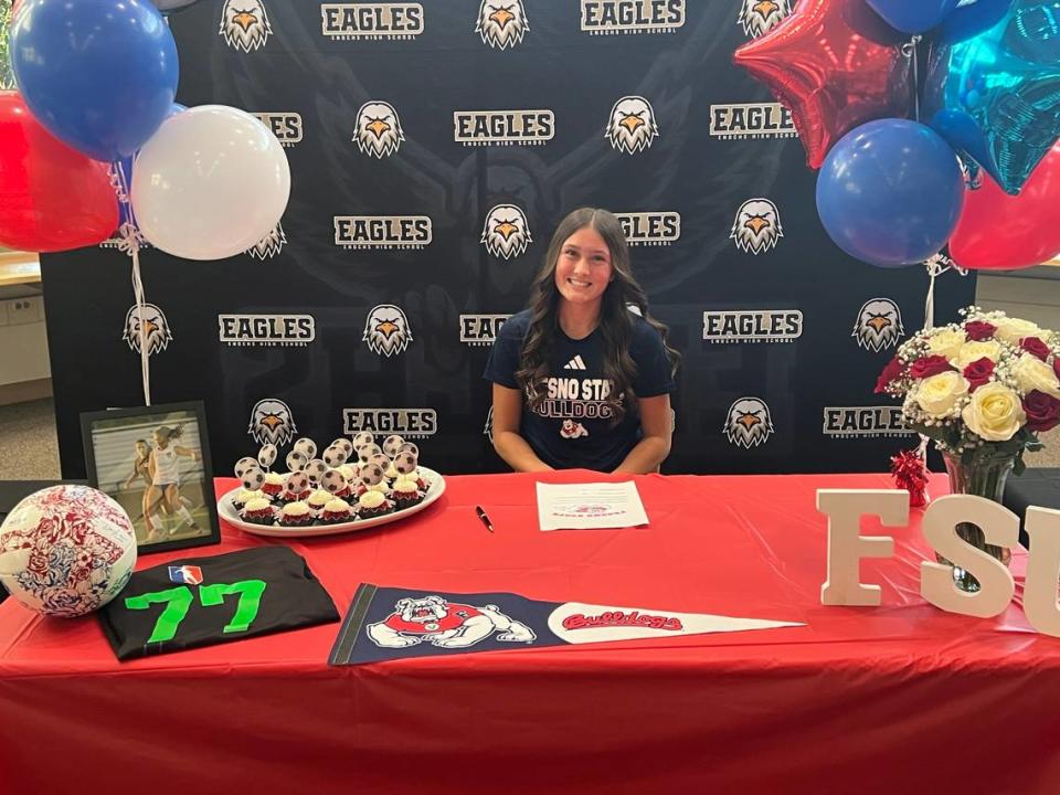 Enochs High girl’s soccer player Hayden Crotty-Romero signed to play Division I soccer at Fresno State on Wednesday, Nov. 8, 2023.