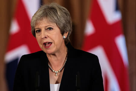 FILE PHOTO - Britain's Prime Minister Theresa May makes a statement on Brexit negotiations with the European Union at Number 10 Downing Street, London September 21, 2018 . Jack Taylor/Pool via Reuters