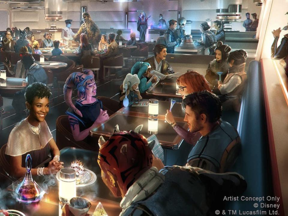 Twi'leks are seen dining at the Galactic Starcruiser (right).