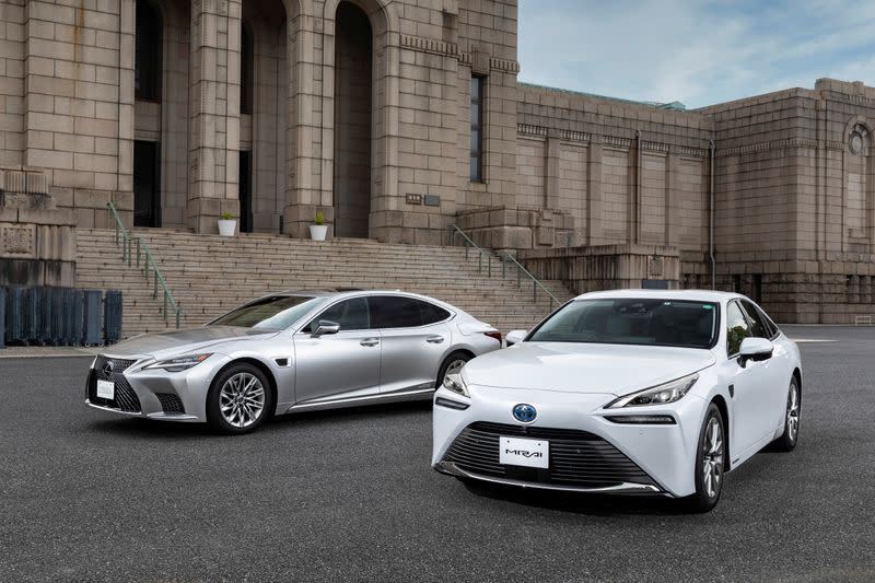 Lexus LS and Toyota Mirai cars in front of the Meiji Memorial Picture Gallery in Shinjuku, Tokyo in this undated handout photo