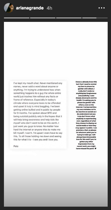 Ariana Grande responded to Pete Davidson’s post about how he won’t let bullies push him into taking his life. (Image: Ariana Grande via Instagram)