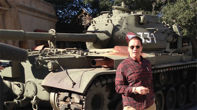 Arnold Schwarzenegger takes his own personal tank out for a spin