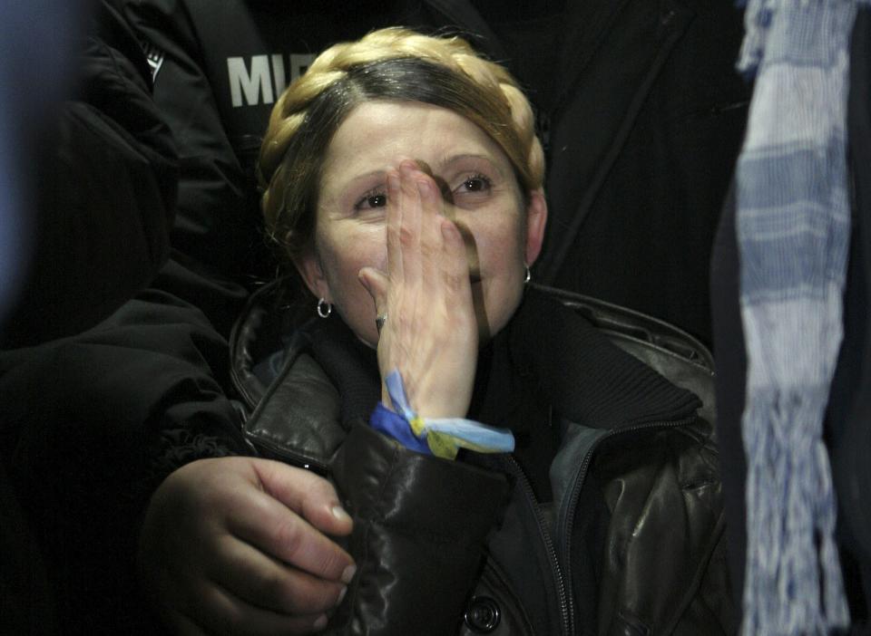 Ukrainian opposition leader Tymoshenko reacts after she was freed in Kharkiv