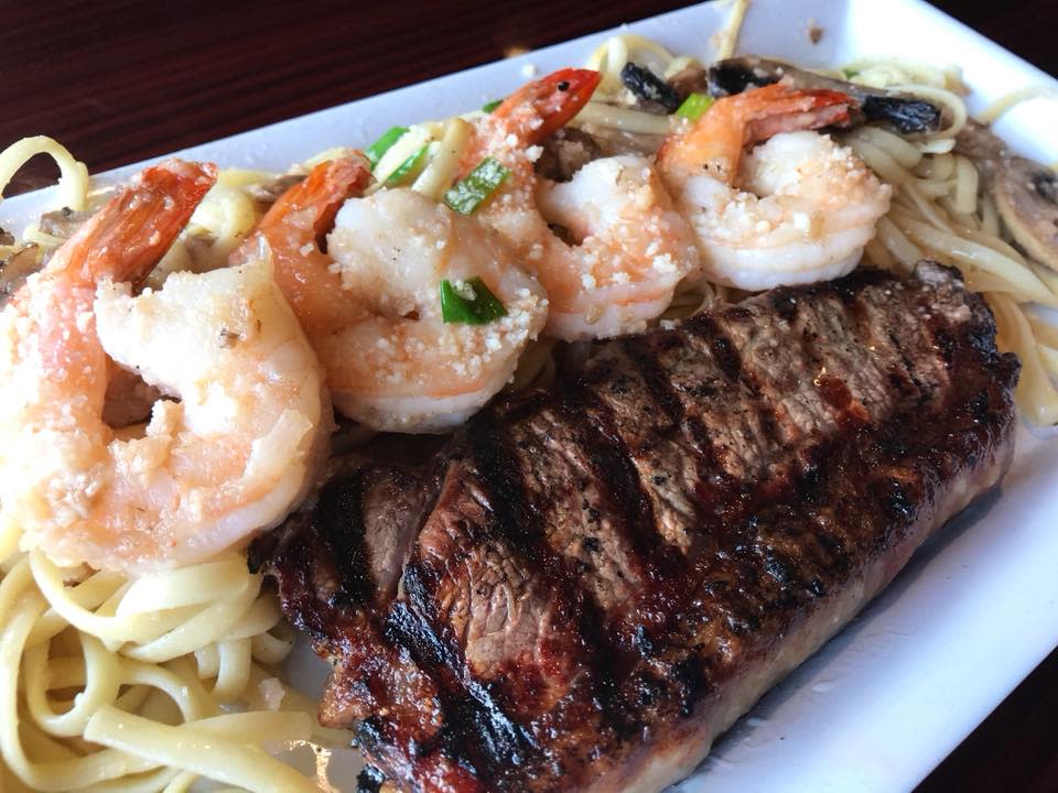 Sirloin & Shrimp Scampi at Bailey's Surf & Turf.