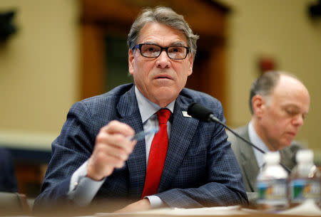 FILE PHOTO: U.S. Secretary of Energy Rick Perry testifies to the House Energy and Commerce Committee on the "Fiscal Year 2019 Department of Energy Budget" on Capitol Hill in Washington, U.S., April 12, 2018. To match Special Report USA-NUKES/PLUTONIUM REUTERS/Joshua Roberts/File Photo