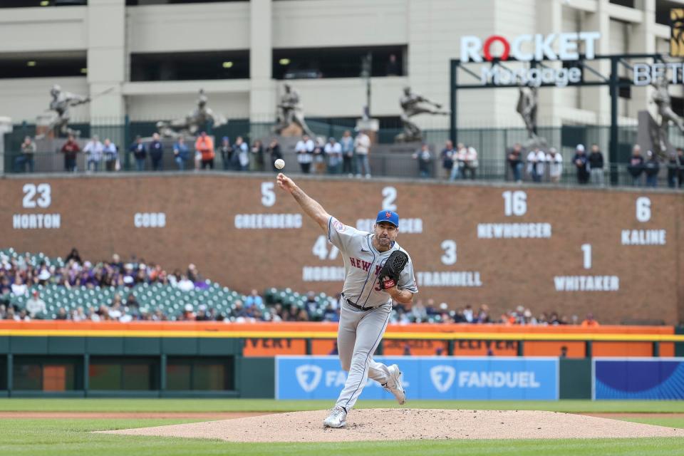 Mets pitcher Justin Verlander throws against the Tigers during the second inning at Comerica Park on Thursday, May 4, 2023.