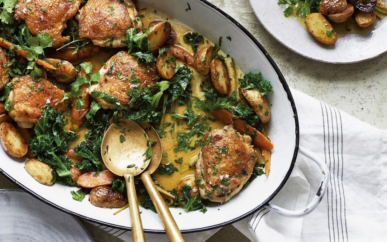 One-pot chicken with thyme-fried potatoes recipe