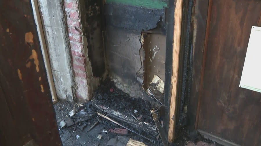 The spot near the entrance where the fire started at Molly Malone's Irish Pub in Beverly Grove on June 20, 2024. (KTLA)