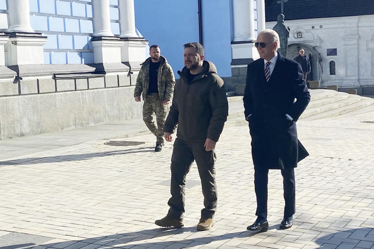 President Biden walks with Volodymyr Zelenskyy in Kyiv on Monday. (Pool)