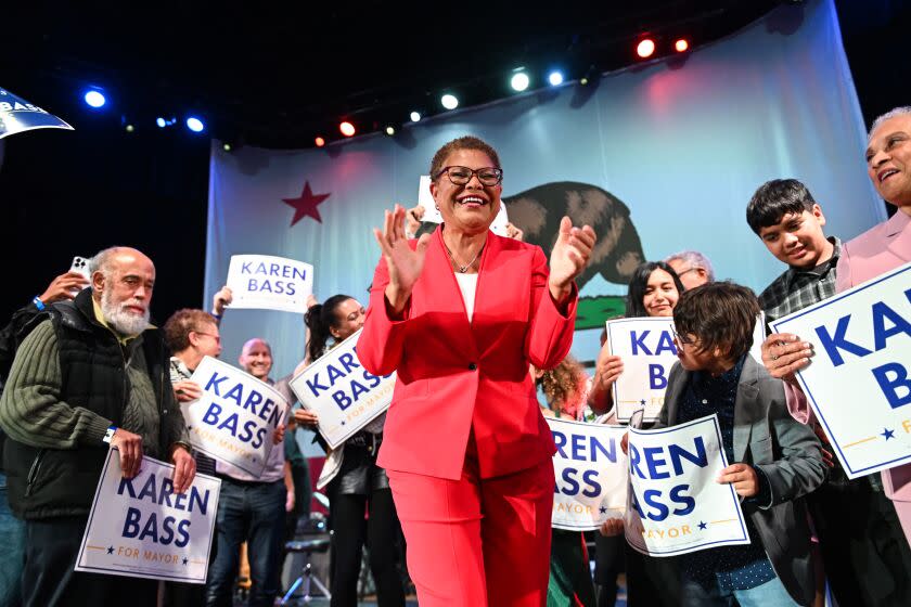 Karen Bass speaks during an election night rally