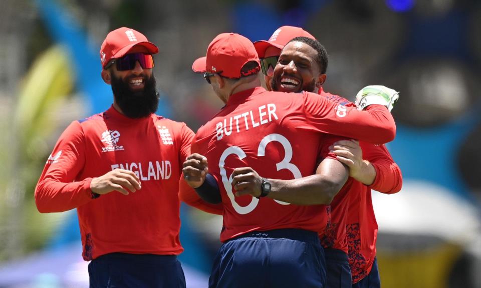 <span>Chris Jordan celebrates his hat-trick at Kensington Oval, where he played cricket as a schoolboy.</span><span>Photograph: Philip Brown/Getty Images</span>