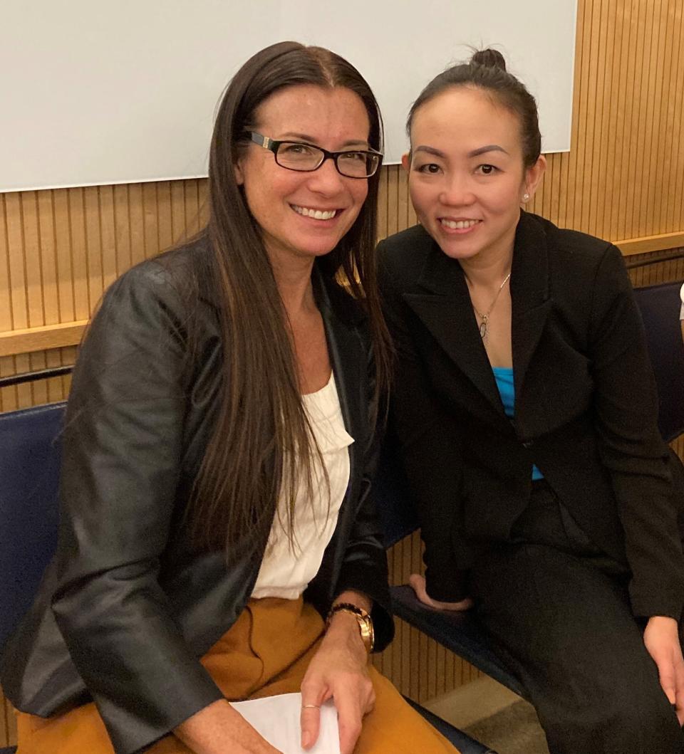 From left, Dawn Sauma of the Asian Task Force Against Domestic Violence with Tran Nguyen, a client she helped access state services during the pandemic by offering advocacy and interpretation services as she navigated the Massachusetts unemployment portal, MassHealth and Children & Family Services.