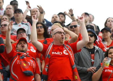 Jul 21, 2018; Chicago, IL, USA; Toronto FC fans react during the first half against the Chicago Fire at Bridgeview Stadium. Mandatory Credit: Mike DiNovo-USA TODAY Sports