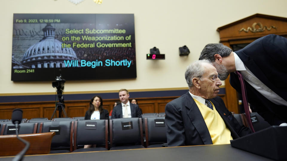 Sen. Chuck Grassley, R-Iowa, talks with a person before the start of a House Judiciary subcommittee hearing on what Republicans say is the politicization of the FBI and Justice Department and attacks on American civil liberties, on Capitol Hill, Thursday, Feb. 9, 2023, in Washington. (AP Photo/Carolyn Kaster)