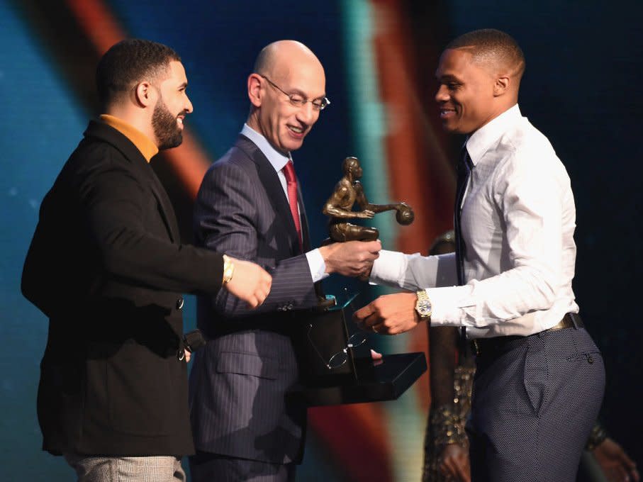 Drake and NBA Commissoner, Adam Silver present 2016-17 NBA Most Valuable Player award to Russell Westbrook