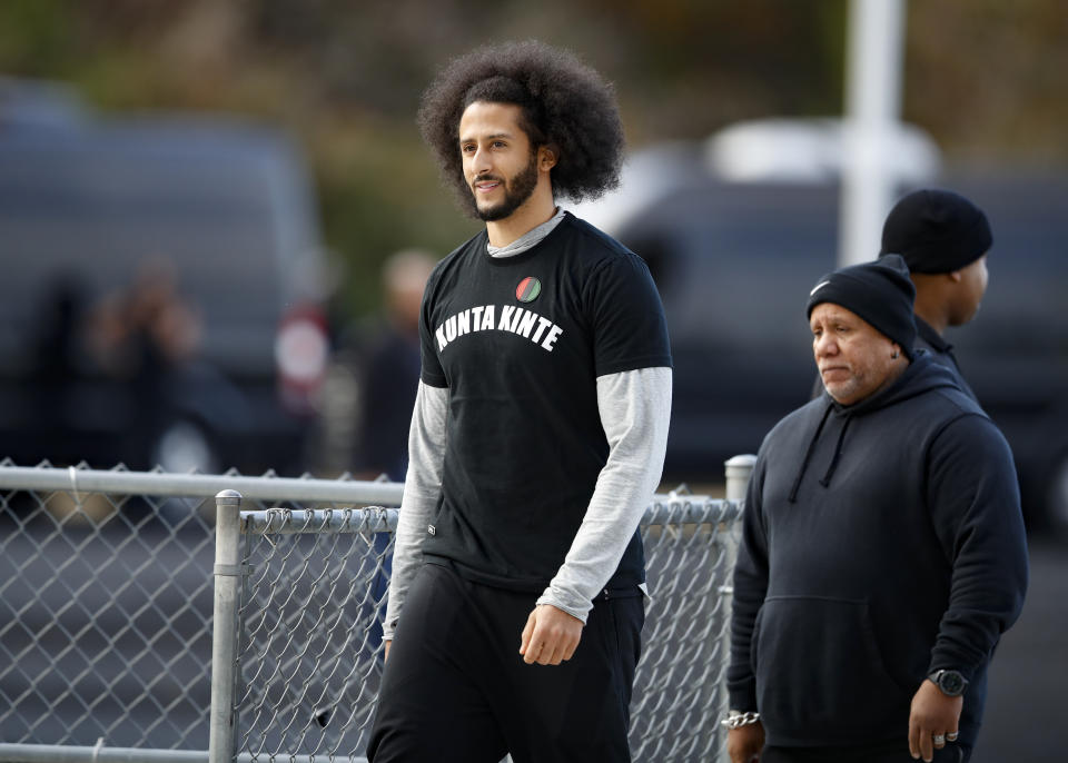 Free agent quarterback Colin Kaepernick arrives at a workout for NFL football scouts and media, Saturday, Nov. 16, 2019, in Riverdale, Ga. (AP Photo/Todd Kirkland)