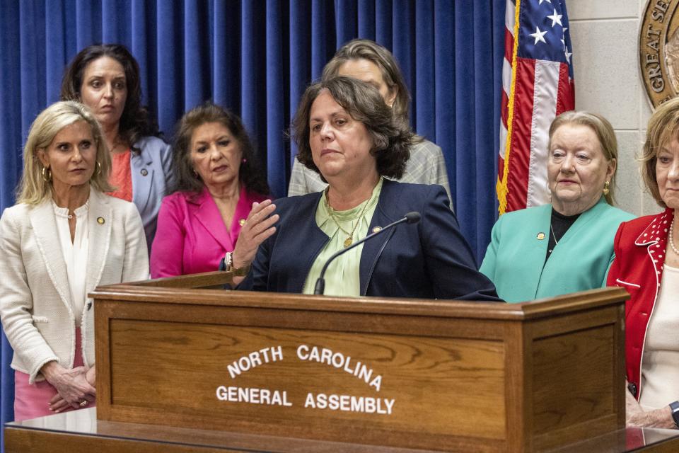 House Speaker Pro Tempore Sarah Stevens, R-Surry, speaks as Republican lawmakers announce a deal to restrict abortion after the first trimester of pregnancy during a press conference at the State Legislature Building on Monday, May 2, 2023, in Raleigh, N.C. (Travis Long/The News & Observer via AP)