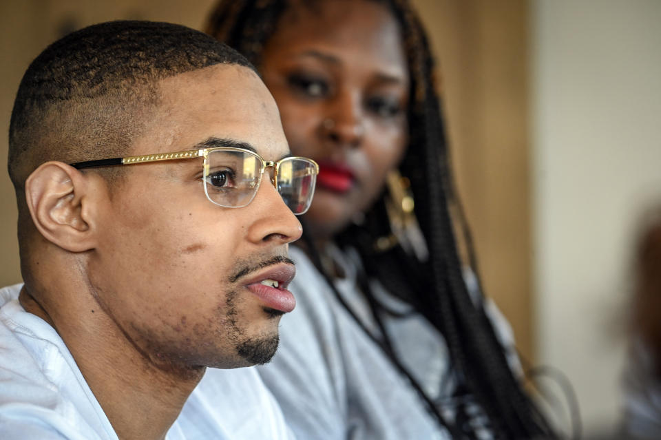 Keith Davis Jr. is interviewed following his released from custody Friday, Jan. 13, 2023, in Baltimore, after prosecutors dropped all charges against him. Davis was tried for the same murder four times and was awaiting a potential fifth trial when newly elected State's Attorney Ivan Bates announced his decision to dismiss the case. (Jerry Jackson/The Baltimore Sun via AP)