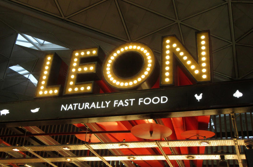 LONDON STANSTED, UNITED KINGDOM - 2019/09/29: Leon signage and logo seen at their restaurant in London Stansted Airport. (Photo by Keith Mayhew/SOPA Images/LightRocket via Getty Images)